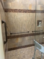 vertical and two horizontal grab bars in roll in shower Indiana