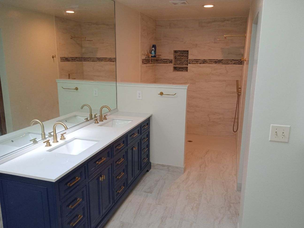 bathroom remodel with new vanity and curbless shower from Lifeway Mobility