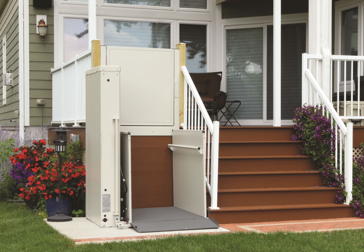 porch lift providing safe wheelchair access to backyard garden